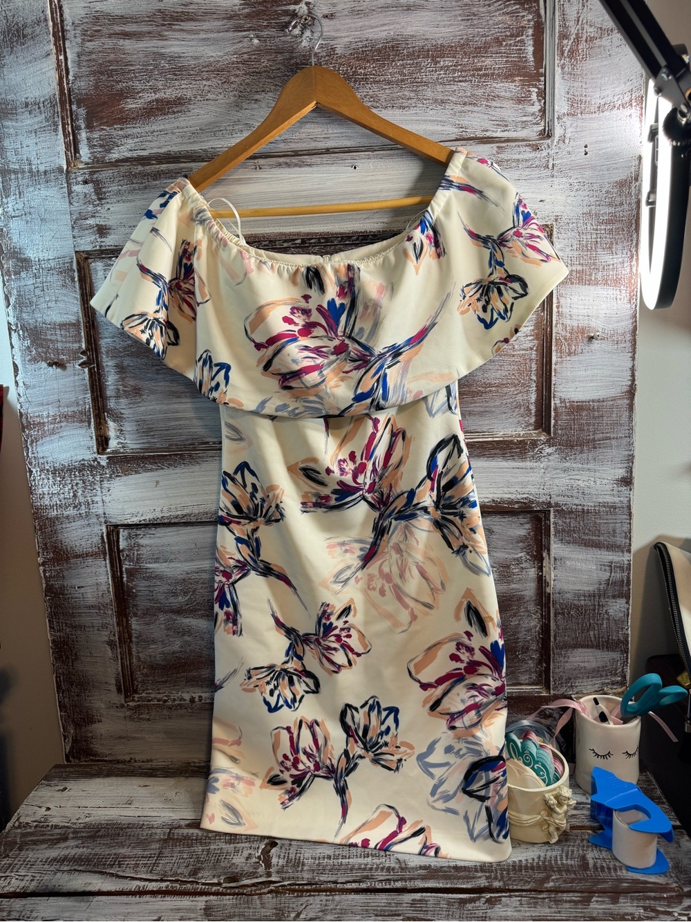 Badgley Mischka Cream Floral One-Shoulder Ruffle Dress